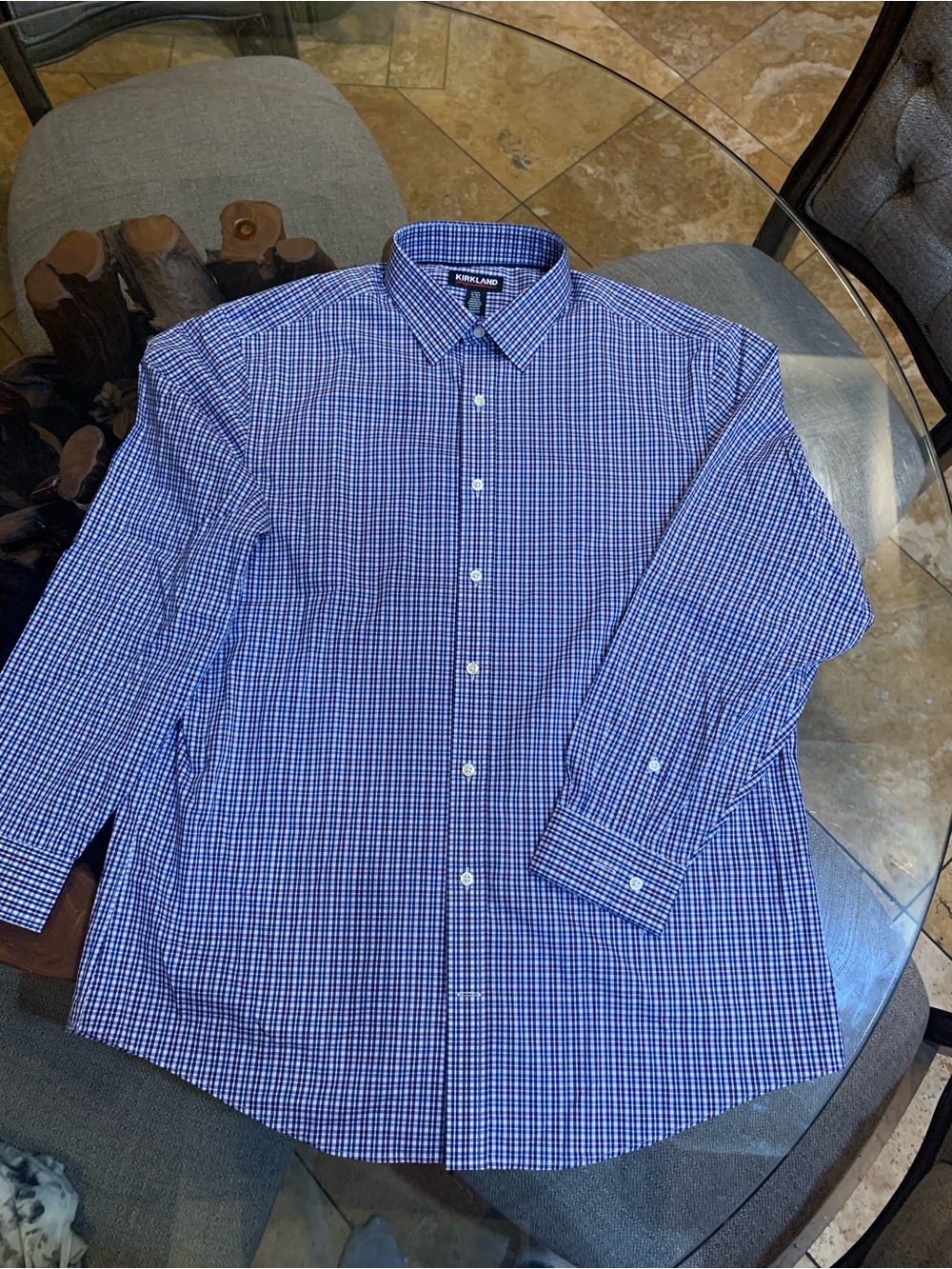 Kirkland Signature Blue Plaid Long-Sleeve Button-Up Shirt
